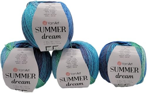 400 Gramm Summer Dream Strickgarn, 4 x 100 Gramm 70% merzerisierter Baumwolle und 30% Viskose, mehrfarbig (blau türkis mint 4304)