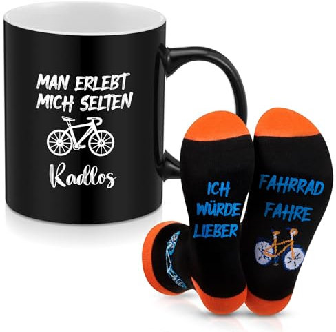 Perthlin Radfahrer Geschenke 340 ml Fahrrad Tasse Becher ICH WÜRDE LIEBER FAHRRAD FAHREN Socken Witzige Socken mit Fahrradkarte Lustiges Geschenk für Radfahrer und Mountain Biker
