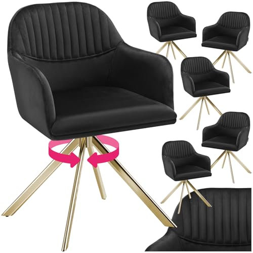 tectake® 6 x Esszimmerstuhl drehbar, Armlehnstuhl drehbar, ergonomischer Stuhl Samt, Stühle für Esszimmer, Möbel für Wohnzimmer, Arbeitszimmer, Esstisch, Schminktisch - 6er Set - schwarz/Gold
