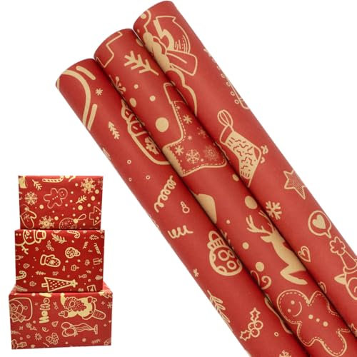 Lot de 3 rouleaux de papier cadeau rouge 43 cm x 3 m pour Noël, anniversaire, fête, mariage, fête prénatale, festival
