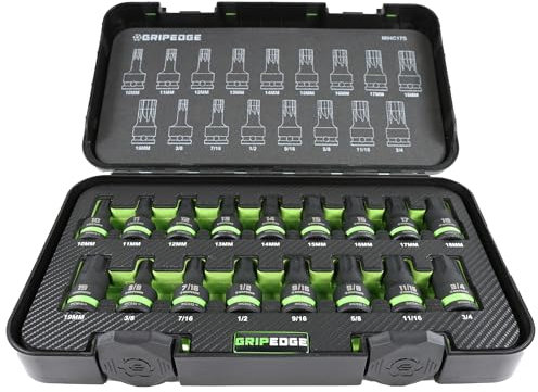 GRIPEDGE Tools | 17-PC - Master 1/2 Drive R.P.T. Impact Hex Driver Set | Sizes 10-19MM & 3/8-3/4| Made With S2 Steel | Includes Premium Plastic Case With A Foam Insert |