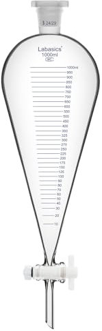 Labasics Embudo de Decantación Graduado, 1000 ml de Vidrio de Borosilicato de Pared Gruesa con Junta 24/29 y Llave de PTFE