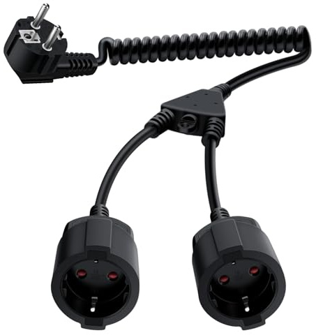 HuaLiSi Rallonge Schuko Cable Spirale 16A 250V Câble Electrique Spirale avec 2 Schuko Femelle 0,5m à 1.8 m, Contact de Protection IP44 pour Une Utilisation Appareils ménagers, Au Bureau