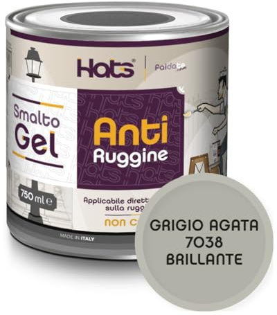 Hats - Vernice Antiruggine per ferro - Smalto Gel Antiruggine Pronto all’uso - Non Cola, Non Gocciola - Adatto per Metallo e Legno - Made in Italy (Grigio Agata 7038 Brillante)
