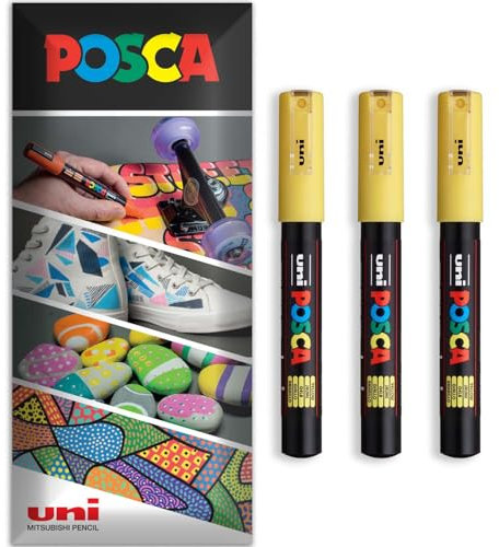 Posca - Water Based Permanent Marker Paint Pen - Multi Surface Use - PC-1M - Pack of 3 Pens in Wallet (Yellow)