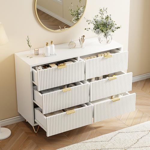 Kommode mit 6 Schubladen, Aufbewahrungsmöbel für Schlafzimmer, mit Griffen und goldenen Füßen, Kommode, Massivholz, ideal für Wohnzimmer, Flur, Schlafzimmer, 100 x 34 x 73 cm, Weiß (Weiß, 6 Schubladen