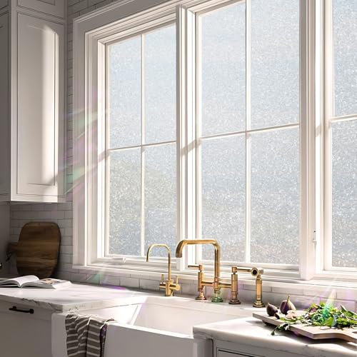 Film for Glass Windows 80 x 380 cm, Non-Adhesive Heat Control, UV Blocking Protection, Matt Stripe, Privacy Window Film No-Glue, for Window, Glitter frosted
