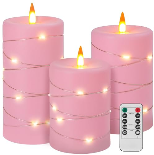Fanzir Rose Pink Flameless Candles with String Lights Battery Operated Flickering LED Pillar Candles 4‘’ 5‘’ 6‘’ Candle with Remote Control, Set of 3