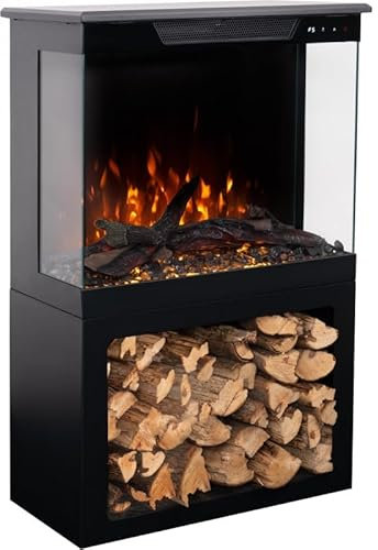 AFLAMO Chimenea eléctrica LED Tower 46 + Soporte, Montaje Empotrado, Control por App, Compatible con Alexa, Calefacción y Efectos de Llama Multicolor, con Sonido y Calefacción (46x100x30,5)