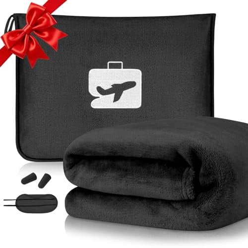flintronic Travel Blanket and Pillow, 2 in 1 Airplane Blanket with Eye Mask and Ear Plugs, Compact Office Blankets, Lightweight & Portable Pillow for Adults, Kids,Long Flights and Trains (Black)