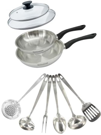 Fackelmann 9445650 Set 2 poêl 20 et 24 cm en inox 18/8, 2 couvercles verre et 6 ustensiles inox, poêle tous feux, induction, sans PFAS, acier inoxydable 18/8, verre