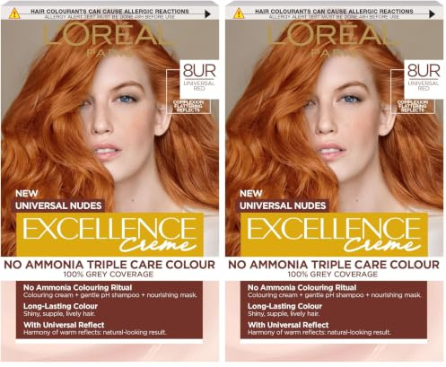 L’Oréal Excellence Permanent Hair Dye Colouring Cream, 100% Grey Coverage, With Pro-Keratin, Ammonia-Free, Universal Nudes, 8UC Light Copper (Pack of 2)