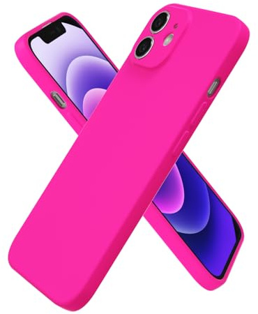 oakxco for iPhone 12 mini Case Silicone, Ultra Slim Thin Phone Case for Women Girls, Plain Solid Color Minimalist Aesthetic Cute Girly Design, Soft Rubber Gel TPU with Camera Cover, Neon Hot Pink