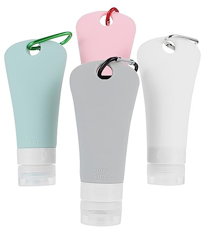 HAKIDZEL Silicone Travel Bottles Premium Squeezable Toiletry Containers 90ml Leak Proof 4 Sets Refillable Shower Gel Storage Bottles with Hook for Easy Hanging for Travel