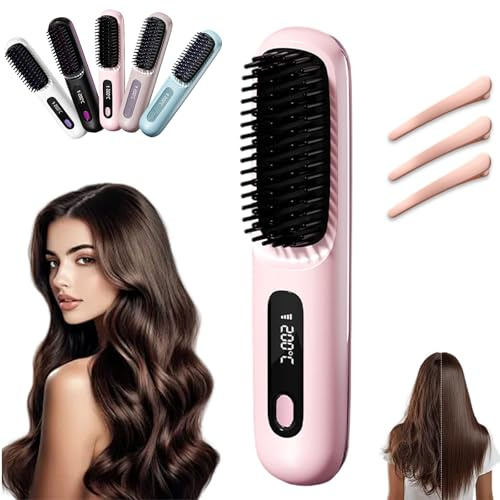 Eloura Berlin, Eloura Tragbare Bürste Glätten, Locken, Trocknen, Haarglätter Bürste Kabellos 160°c-200°c Mit LED Anzeige Und 3 Temperatureinstellung, Haarpflege Mit Keramikbeschichtung (Rosa)