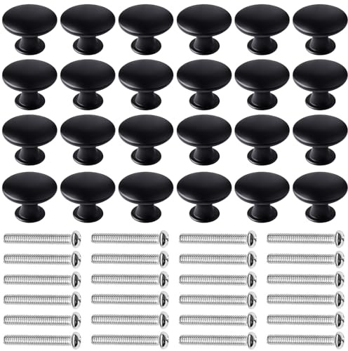 kuou 24 Pcs 30mm Black Cupboard Knobs, Kitchen Cupboard Handles | Cabinet Door Knobs, Vintage Matted Round Drawers Cupboard with 24 Screws for Drawer Wardrobe Cupboard Door