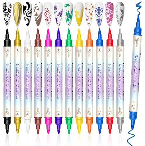 12 Pintauñas Boligrafo, Punta de 0,5-5 mm Colores Vivos Nail Pen, Esmalte de Uñas en Rotulador DIY Graffiti para Nail Art Rápido en Casa/Salón, Herramientas de Manicura Regalo para Carnaval Pascua