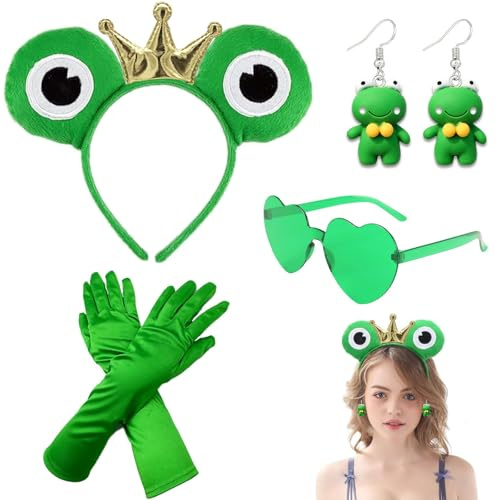 RAOPNHS Frosch Kostüm Erwachsene Damen Set, 4 Stück mit Frosch Haarreif Krone Handschuhe und Brille, Froschkostüm Accessorie, Faschingskostüm Damen für Halloween Fasching Karneval Mottoparty