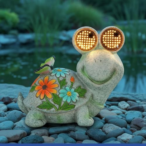 Solar Gartenfigur Schildkröte mit beweglichen LED Augen (Blinky Eyes), blinkende Solarleuchte für Außen mit Dämmerungssensor, wetterfeste Garten Deko für Draußen, Solarlampe Garten & Terrassendeko