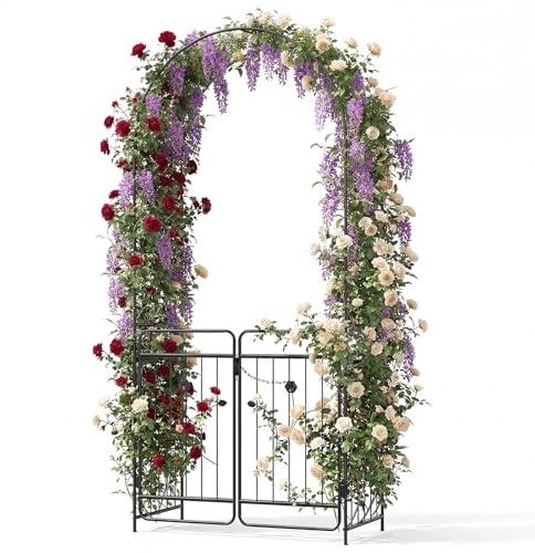 GYMAX Arche Métallique de Jardin avec Treillis pour Roses Vignes Plantes Grimpantes, Décoration d'Extérieur avec Portes Verouillables, Piquets de Fixation au Sol, pour Patio Mariages Fêtes