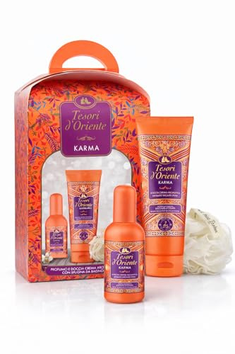 Tesori d'Oriente Karma Set Regalo – Profumo + Crema Doccia + Spugna da Bagno – Set Profumo Donna – Luxury Spa Set Regalo
