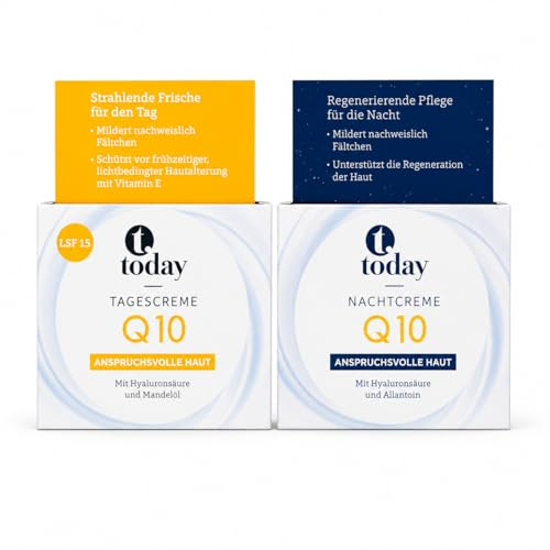 Today Q10 Pflege-Set, Tagescreme mit LSF 15 und Nachtcreme, Hyaluronsäure, Mandelöl, Allantoin, für anspruchsvolle Haut (50 ml + 50 ml)