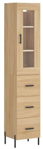 HETFTJN Armario alto de roble Sonoma, 34,5 x 34 x 180 cm, elegante armario alto de madera con puerta de cristal y patas de metal, elegante armario para salón o pasillo