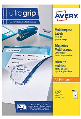 Avery 3653 Printable, Customisable Multipurpose, Copier, Labels, White,14 Labels per A4 Sheet, 100 Sheets (3653)