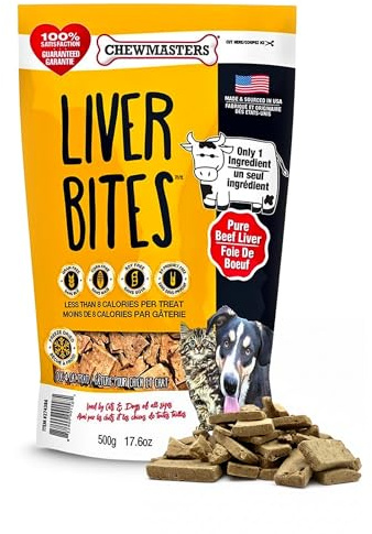 Chewmasters 100% Pure Beef Liver Bites - Freeze Dried Dog Treats, All Natural High Protein Training Treats, Grain Free, No Additives, Real Meat Flavor for All Life Stages, Made in USA - 17.6oz