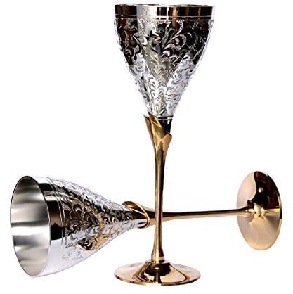 StonKraft Engraved Brass Goblet Champagne Glasses Flutes Coupes Wine Glass Set (Silver Thick)