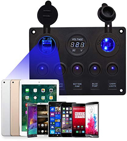 Barca - Multifunzione Panel - 5 Gang on/off Interruttore a bilanciere pannello, doppia presa USB caricatore 2.1A e 2.1A + LED Accendisigari Voltmetro per auto Marine RV Camion Camper Veicoli