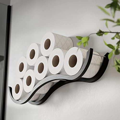 Toilettenpapier aufbewahrung Wand, Badregal aus Holz, Wellenformdesign, Ersatz-Toilettenpapierhalter (Schwarz)