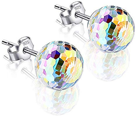 HOMEYU Aurora Borealis Ball-Ohrstecker aus 925er Silber mit Kristall Hypoallergen
