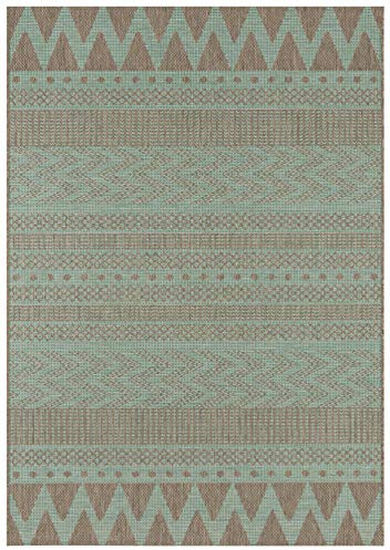 Northrugs In- und Outdoor Teppich Sidon 140x200cm - Flachgewebe Wetterfest Modern ZickZack Muster Grafisches Design Läufer für Balkon Terrasse Wintergarten Küchenläufer Wasserfest in Grün Taupe