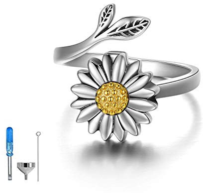 LONAGO Sonnenblume Asche Ring 925 Sterling Silber Sonnenblume Daisy Verstellbare Offene Urne Ring Schmuck für Frauen (size 9)