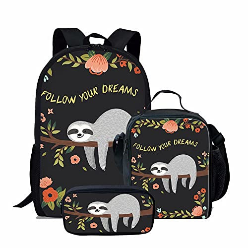 NETILGEN Süßes lustiges Faultier Follow Your Dreams Rucksäcke Schulrucksäcke, Kinder Lunch Bag, Mädchen Geschenke Federmäppchen, 3 in 1 Kinder Schultaschen 3 Stück Set