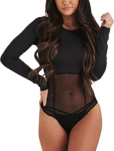 SEBOWEL Bodysuit for Women Mesh Long Sleeve Bodysuits Sexy Bodysuits Jumpsuit Clubwear Tops Black L