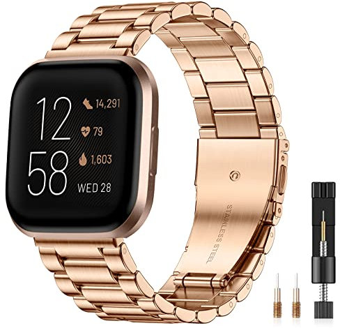 CeMiKa Metall Armband Kompatibel mit Fitbit Versa 2 Armband/Fitbit Versa Armband, Edelstahl Ersatzband mit Doppelfaltschließe für Versa 2 Armbänder/Versa Lite Smartwatch, Roségold