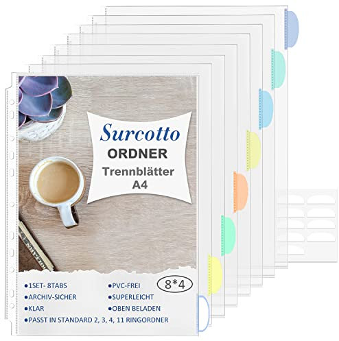Trennblätter für Ordner A4, Surcotto Register für Ordner A4, 32 Klarsichtfolien mit bunten Tabs, Trennblätter aus PP für DIN A4, transparente Ordner Trennblätter, 11-fach Lochung, 32-teiliges (4 Set)