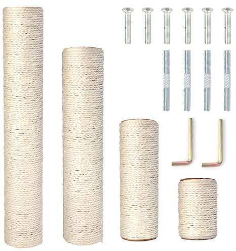 powerking Natural Sisal Replacement Scratching Post, 4 Pieces M8 Cat Scratch Post Refill Pole Parts for Refurbishment, White, Include Screws, 15.74''+11.88''+7.87''+3.93''