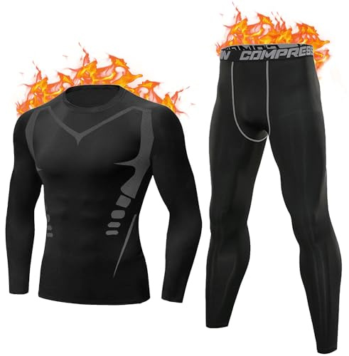 Terecey Ropa Termica Hombre Frio Extremo Conjunto Interior Termico Funcional Ropa Termica Moto Cuello Redondo Camiseta Termica Hombre para Running Esquí Ciclismo