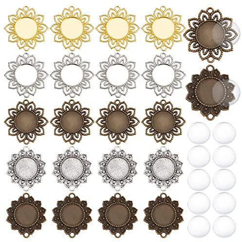 PandaHall 30 Stück Leere Lünette Anhänger Tabletts, Vintage Blumen Cabochon Armband Rohlinge Tibetische Schmuckverbinder mit Runden Glas-Cabochons für Halsketten Armbändern Ohrringen, 3 Farben