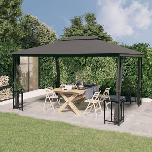 Gecheer paviljong med sidoväggar och dubbeltak, trädgårdspaviljong, festtält, trädgårdstält för terrass, trädgård, bakgård, paviljong 3 x 4 m antracit