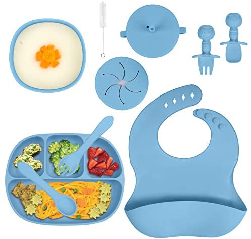 Aolso Assiette Bébé, Assiette en Silicone pour Bébé,Lot de 9, Coffrets repas Bebe Silicone, Enfant Set Couverts Vaisselle pour Sevrage Manger Apprentissage Ventouse pour bébé(bleu)