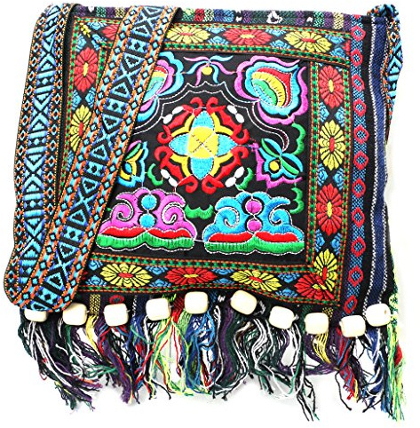 Maxtonser Clutch-Geldbörse, Cross-Body-Umhängetasche mit besticktem Design-chinesische Hmong-Thai-Stickerei Hill Tribe für Totes Messenger-Quasten-Tasche Boho Hippie, Tiefblau
