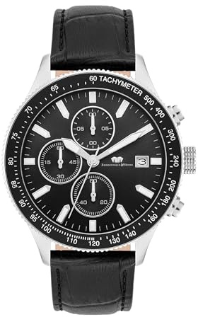 Rhodenwald & Söhne Herren Uhr Edelstahl Silber Quarzwerk 10 ATM | Echtleder Armband, schwarz, Krokodil (Prägung), Chronograph, Zifferblatt schwarz, Mineralglas, Armbanduhr