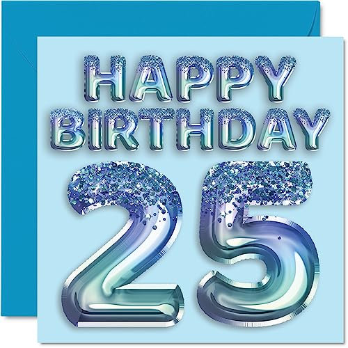 Tarjeta de cumpleaños número 25 para hombres, globo de fiesta con purpurina azul, tarjetas de feliz cumpleaños para hombre de 25 años, hermano, hijo, sobrino, tío, 145 mm x 145 mm, 25 tarjetas de