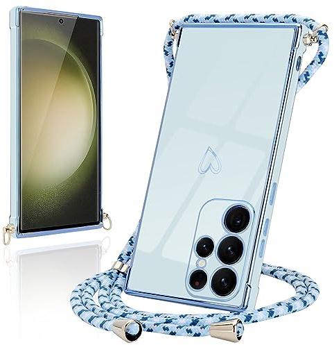 Micoden Handykette für Samsung Galaxy S23 Ultra 5G Hülle mit Band Herz | Necklace Handyhülle Kameraschutz Herz Love Design Slim Galvanik Silikon TPU Case Kordel zum Umhängen Schutzhülle, Blau