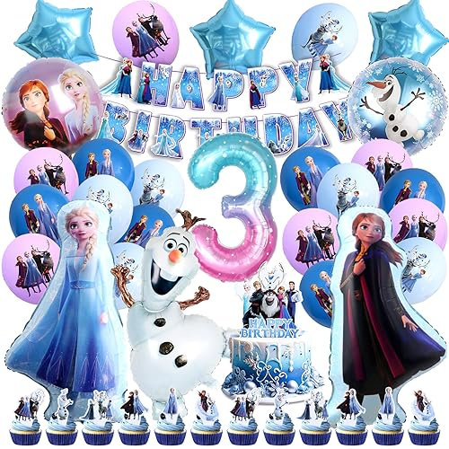 3 Jahre Eiskönigin Geburtstagsdeko, 53 Stück 3 Jahre Eiskönigin Geburtstagsparty Deko, Eiskönigin Geburtstag Party Set, Eiskönigin Anna und Elsa Geburtstag Deko Luftballons Dekoration