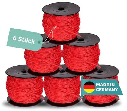 AWOTEX Pflasterschnur Rot 2,00 mm I 6 Rollen à 100 Meter I Richtschnur für Pflastern I langlebig & reißfest I Polypropylen Bauschnur auf PVC Rolle I Maurerschnur für Wasserwaage